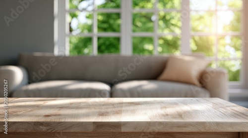 Light-filled living room with sofa, window, and wooden table