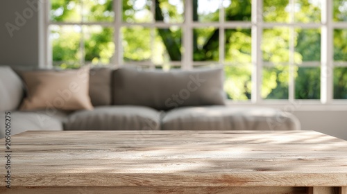 Rustic wooden table in sun-dappled living room with blurred green foliage outside