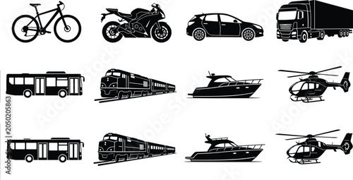 Fotografi Silhouettes of diverse transportation vehicles including bicycle, motorcycle, ca