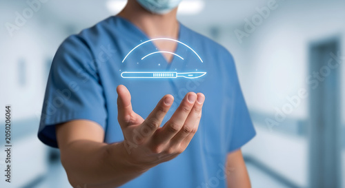 Surgeon in blue scrubs with holographic scalpel icon floating above open palm for surgery.