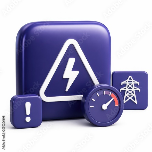 3D electricity warning icons with power outage symbol and grid meter on purple blocks