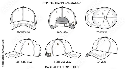6 View Cap Mockup Vector Illustration – Dad Hat Front Back Side Top 3/4 Black White