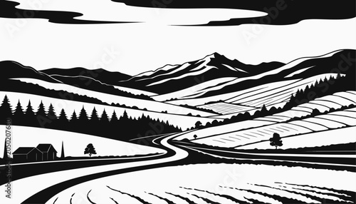 Cuadro en lienzo Very beautiful black-and-white engraved vector illustration featuring Shenandoah Valley with rolling hills, winding roads, open fields, and peaceful countryside scenery in monochrome style