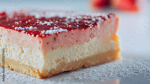 Close-up of a slice of strawberry cheesecake.