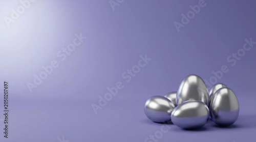 Shiny metallic Easter eggs arranged in a cluster on a smooth lavender surface with soft ambient lighting