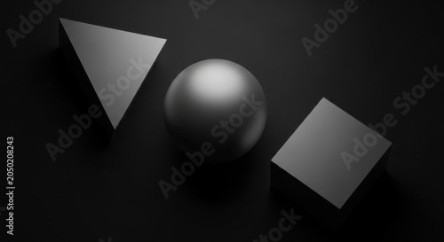 Geometric shapes in a minimalist composition a triangle, a sphere, and a cube, on a dark background, illustrating fundamental forms in design and geometry