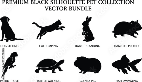 Foto Silhouettes of pets including dog, cat, rabbit, hamster, parrot, turtle, guinea