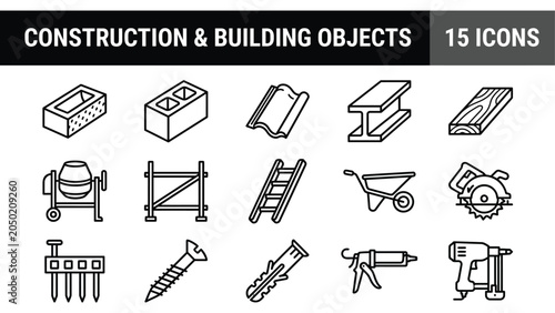 Construction and Building Objects Icon Set: Tools and Materials for Industry