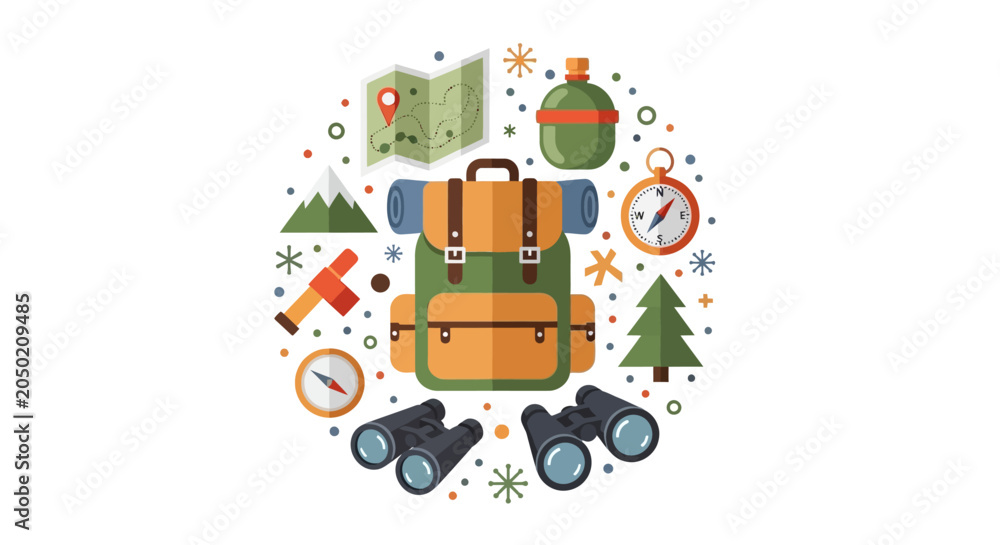 Fototapeta premium Camping and Hiking Gear Flat Illustration, Outdoor Adventure Equipment with Backpack, Map, Binoculars and Compass Icons, Travel and Exploration Concept on White Background