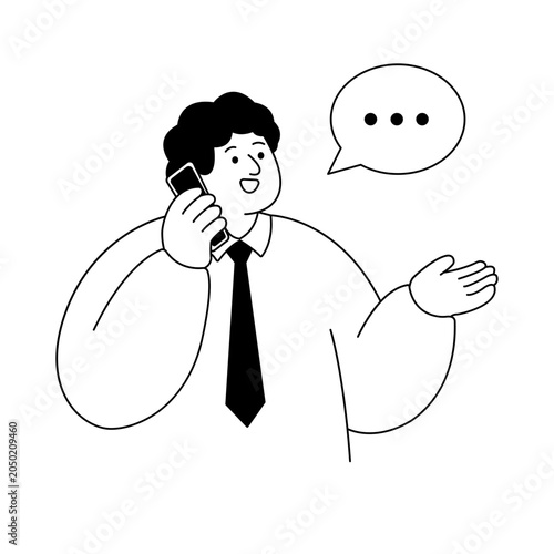 Black and white line drawing of a businessman talking on a mobile phone with a speech bubble showing three dots