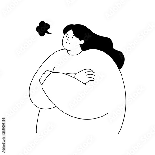 Line art illustration of a plus size woman with long wavy hair standing with arms crossed and a thought bubble