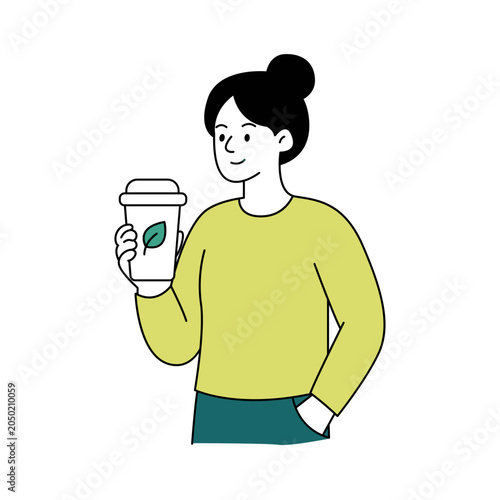 Vector illustration of a woman holding a takeaway coffee cup with a leaf logo smiling and wearing a green sweater against a white background