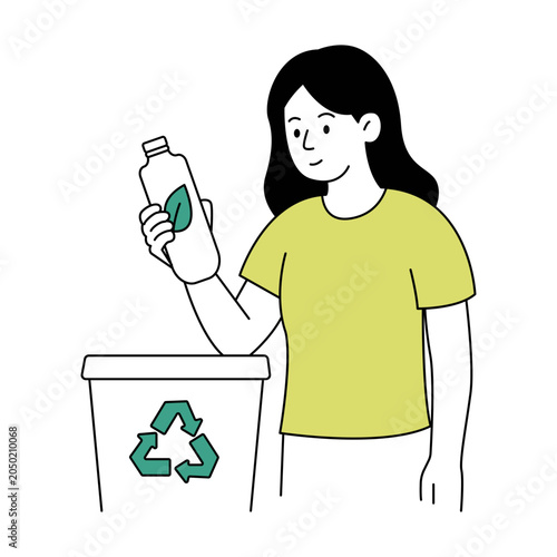 Young woman recycling a plastic bottle in a green recycling bin with a modern minimalist illustration style