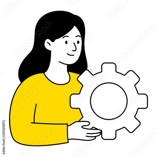 Woman holding gear mechanism illustration for concept of business process management and solutions