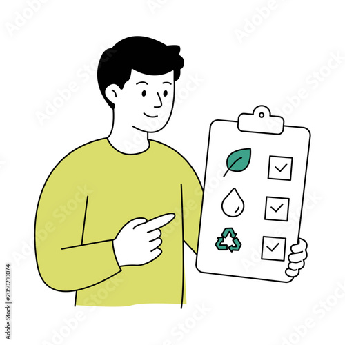 Sustainable business checklist presentation with green icons and check marks
