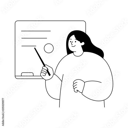 Woman teacher pointing at whiteboard in a simple line art style