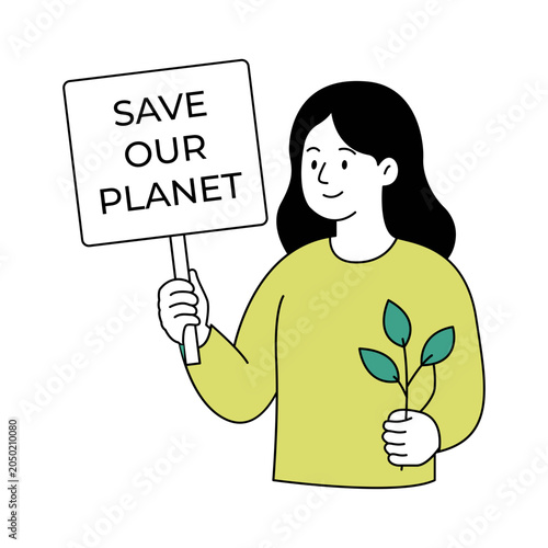 Young woman holding save our planet sign and small green plant for environmental awareness