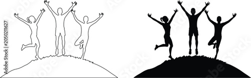 Φωτογραφία Outline and silhouette of joyful people celebrating success on a hill