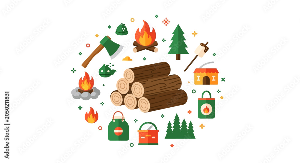Fototapeta premium Flat Vector Camping and Forest Adventure Icons Set with Firewood, Campfire, Axe, and Pine Trees Arranged in a Circular Design