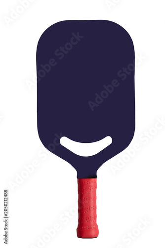 A close-up studio shot of a dark pickleball paddle featuring a textured red grip, shown isolated on white for product, sports, and equipment use in catalogs, webshops, and editorial layouts.
