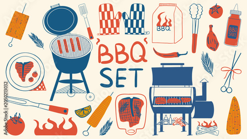 Tableau sur toile Barbecue hand-drawn set with kettle and smoker grills, meat, steaks, sausage, corn and cooking tools