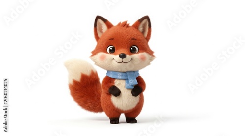 Adorable baby fox character wearing a blue scarf, cute forest animal illustration, charming red fox cub with soft fur texture isolated on White Background