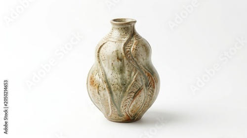 Rustic handmade ceramic vase with textured glaze, artisanal pottery vessel with organic wavy patterns, earthy stoneware decorative jar isolated on White Background