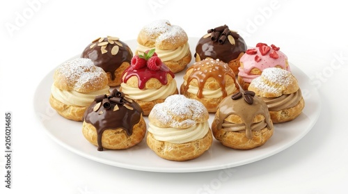 Gourmet profiteroles and cream puffs collection, assorted french pastries with chocolate and fruit toppings, sweet bakery dessert platter isolated on White Background