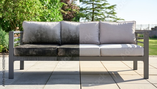 Split sofa dirty half restored to clean, bright outdoor furniture