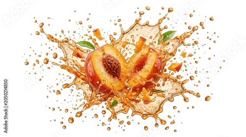 Fresh peach fruit splash with golden juice droplets, ripe peach halves in liquid explosion, dynamic fruit juice spray for beverage advertising isolated on White Background