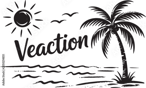 Vacation hand drawn style text with sun, palm tree, and ocean waves illustration on transparent background. Vector Illustration