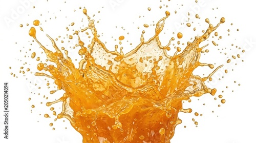 Dynamic orange juice splash with flying droplets, refreshing citrus fruit liquid explosion, golden beverage crown splash for food packaging isolated on White Background