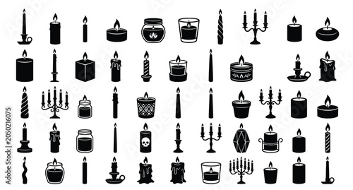 Fotografi A comprehensive vector asset sheet containing a grid collection of exactly 50 unique, individual candle silhouettes