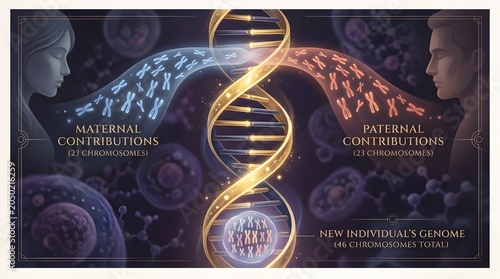 Genetic inheritance illustration maternal and paternal dna contributions to new genome