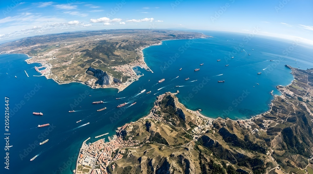 Fototapeta premium Aerial view of the strait of gibraltar with maritime shipping traffic