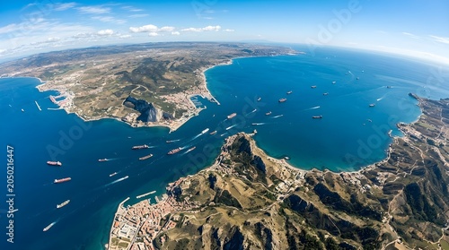 Aerial view of the strait of gibraltar with maritime shipping traffic