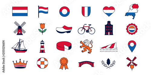 Bild auf Leinwand Collection of Dutch national symbols in flat icon design with white background