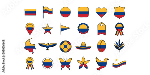 Slika na platnu Colombian flag symbols in various shapes and icons with clean white background