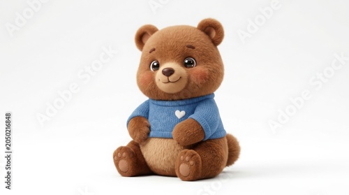 Adorable brown teddy bear wearing blue sweater with white heart, cute plush toy character, soft fuzzy animal figurine for nursery decor isolated on White Background