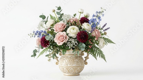 Elegant floral arrangement in vintage ceramic vase, romantic bouquet with pink roses and burgundy dahlias, classic wedding centerpiece with eucalyptus isolated on White Background