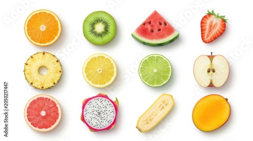 Fresh fruit slices collection, assorted tropical and citrus fruit pieces, healthy organic food ingredients for nutrition and wellness isolated on White Background
