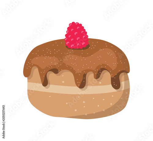 Donut with chocolate icing and raspberry. Sweet food, cream bun, dessert, pastry. Flat vector illustration for breakfast branding and cafe decor.