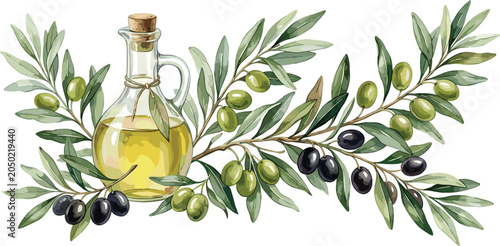 Fotografie Olive oil watercolor vector illustration with glass bottle, cork stopper, and ol