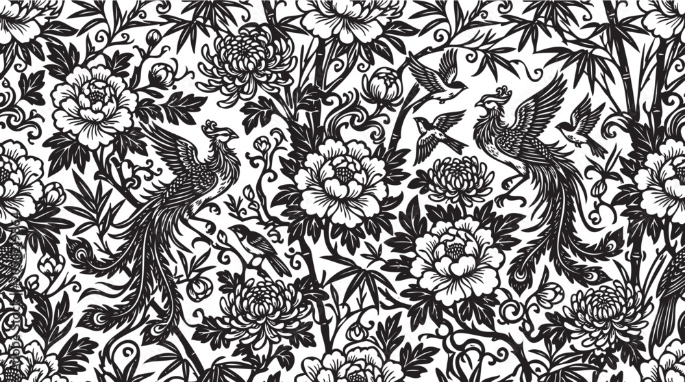 Fototapeta premium Black, floral, peacock pattern, seamless border, damask design, vector background