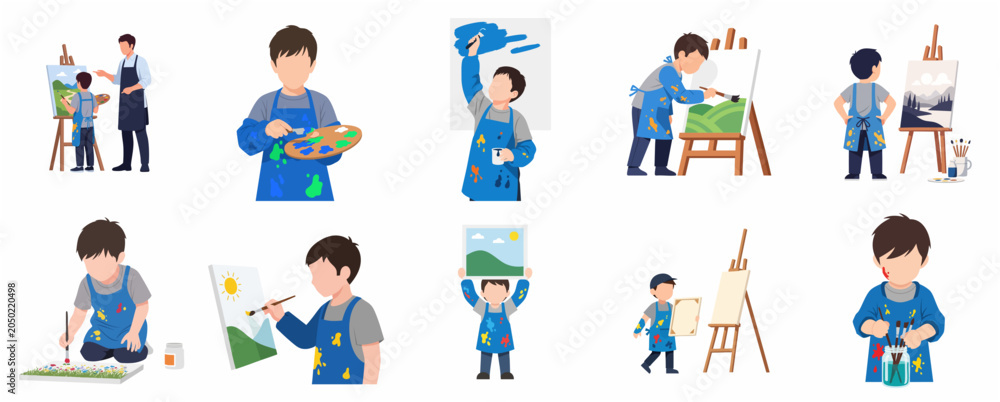 Fototapeta premium Collection of little boy painting illustrations, kids art class, creative hobby and education concept, flat vector design