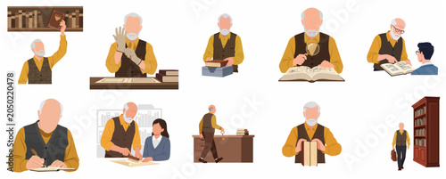 Foto Vector character set of a senior librarian and archivist managing books, documen