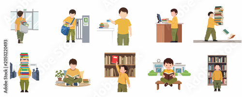 Obraz na plátne Set of flat vector illustrations featuring a young boy in a library, reading, carrying stacks of books, and borrowing books at a checkout counter for educational and school concepts