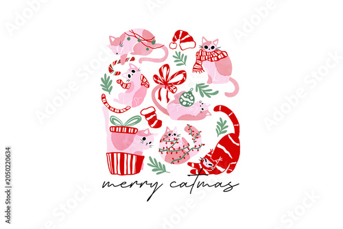 Photos Merry Catmas pun with cute pink cats and Christmas elements for cat lovers Subli