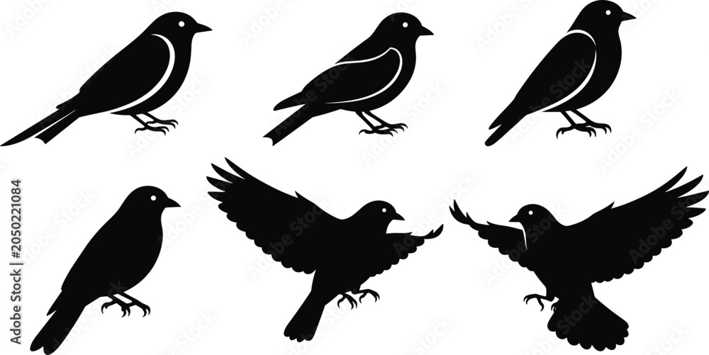 Fototapeta premium Black small bird silhouette set with perched and flying songbirds isolated on white background wildlife vector illustration collection