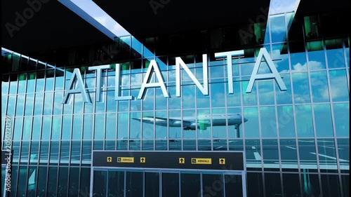 Airlane landing at Atlanta, USA. Arrival in the city with reflection of airport and aircraft